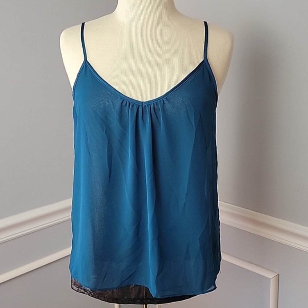 EXPRESS NeW Teal Black‎ Silver Sparkle Glitter Underlay Flowy Ruched Cami Top XS